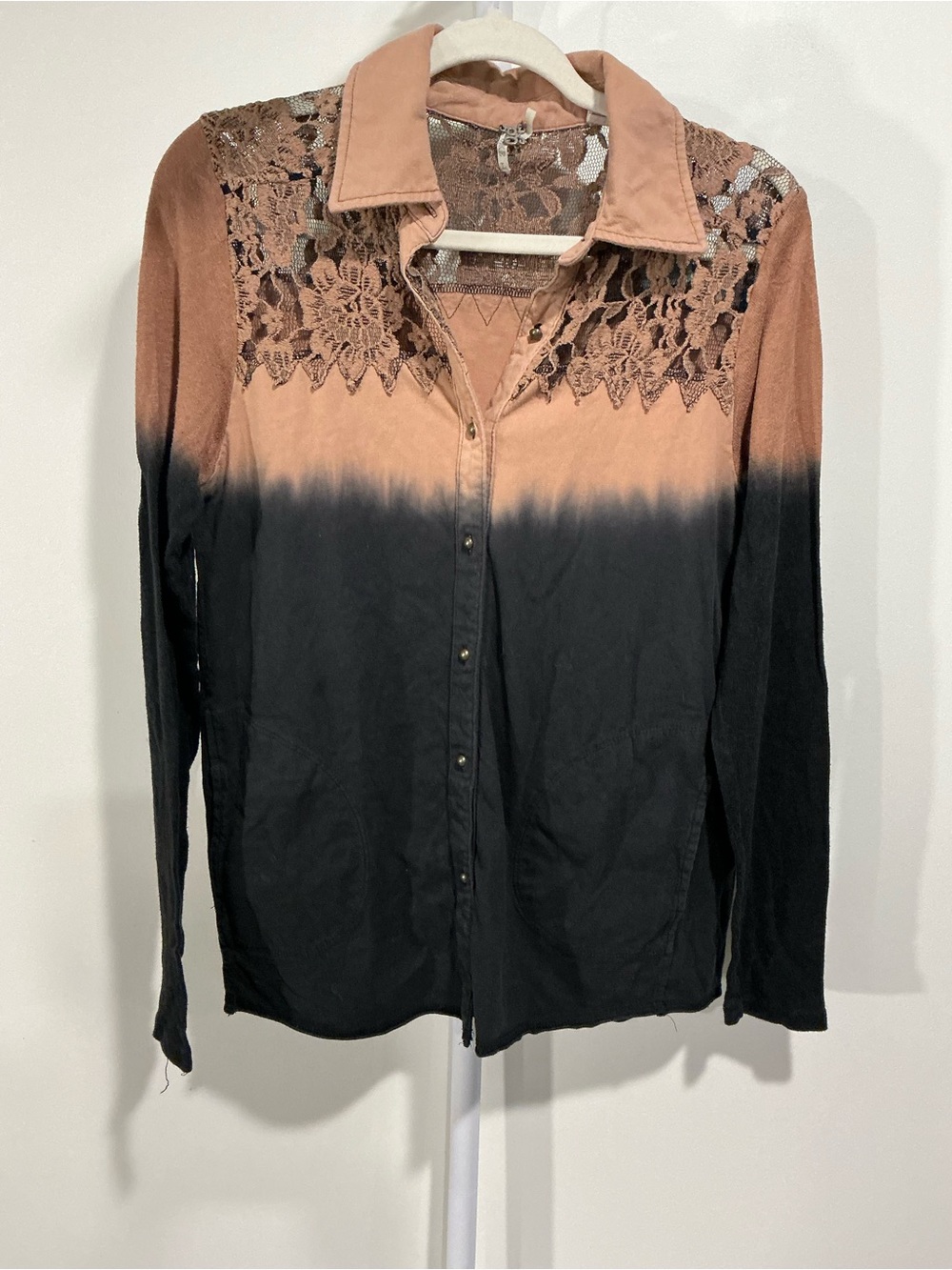 BKE Lace Yoke Dip-Dye Button-Down Shirt in Peach and Black